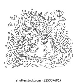 Little lizard demon with big dead woman face. Fantasy horror art. Swamp nature. Coloring page for adult. Cartoon vector illustration. Isolated on white. Outlined hand drawn artwork. Black lines