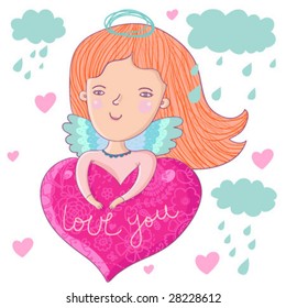 Little love angel in clouds - cute cartoon vector illustration