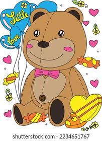 Little love font with bear doll and heart element. Hand drawn with inspiration word. Doodles art for Happy Valentine's day card or greeting card. Coloring book for adults and kids.