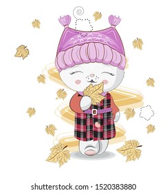 little lovely autumn cat in a coat and with hat. Can be used for t-shirt print, kids wear fashion design, baby shower. invitation card.