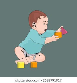 Little lovely baby boy playing with toys. Kid builds house from cubes. Colorful vector illustration