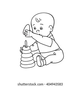 Little lovely baby boy playing with toys. Kid plays with pyramid. Drawing contour vector illustration. Black and white background