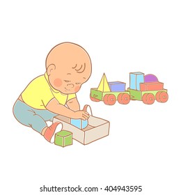 Little lovely baby boy playing with toys. Kid plays with constructor train from geometric shapes. Kid builds house from cubes. Colorful vector illustration