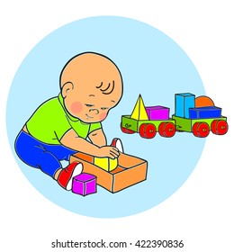 Little lovely baby boy playing with toys. Kid plays with pyramid. Kid plays with constructor train from geometric shapes. Kid builds house from cubes. Colorful vector illustration 