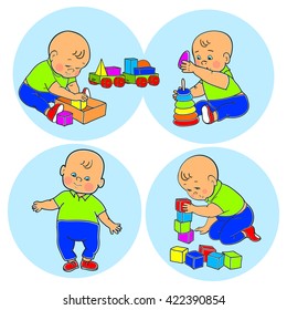 Little lovely baby boy playing with toys. Kid plays with pyramid. Kid plays with constructor train from geometric shapes. Kid builds house from cubes. Colorful vector illustration set