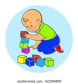 Little lovely baby boy playing with toys. Kid plays with pyramid. Kid plays with constructor train from geometric shapes. Kid builds house from cubes. Colorful vector illustration 