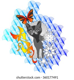  Little lovely black kitten on colored abstract background with butterfles and snowflakes