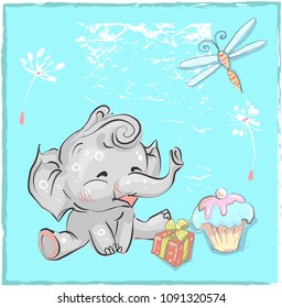little lovely elephant birthday with dragonfly and cake for prints cards t-shirts baby shower invitation