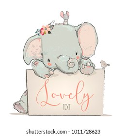 little lovely elephant with mouse and bird