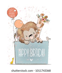 little lovely lion with giraffe, mouse and birds