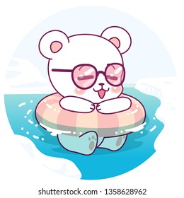 Little lovely polar bear floating on arctic sea, stop global warming, save the polar cap