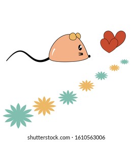 Little lovely rat with red heart and many colorful flower on white background.