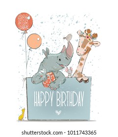 little lovely rhino with giraffe, mouse and birds