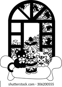 A little madam wearing a black dress and sitting on the sofa, and black cats wearing ribbon ties.
