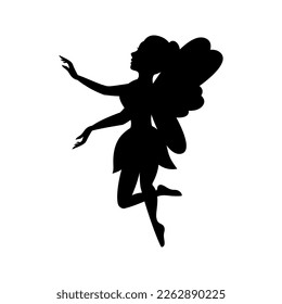 Little magical fairy. Mythical tale character logo. Silhouette of little creature with wings. Magical fairy in dress