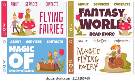 Little magical flying pixies live in magical fantasy world. Set of horizontal banners with cute mythical elves from fairytale in flat vector illustration isolated on white or blue background