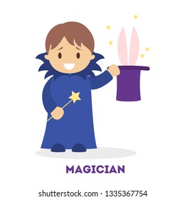 Little magician boy in the costume with hat. Happy kid showing magic trick using wand. Isolated flat vector illustration