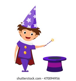 The little magician. A child in a purple suit and cap with stars with a magic wand in his hands 
and cylinder. Illustration of children's performance, show. Cartoon style. The young actor, wizard.