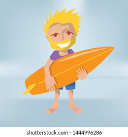 Little male as a surfer with a surfboard