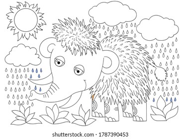 Little mammoth on a colored background, illustration for children, coloring book.