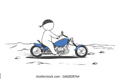 Little man biker rides on motorcycle on the road.Vector illustration