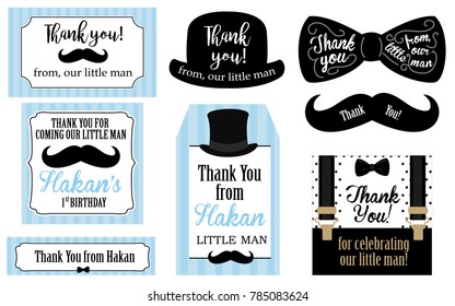 Little man birthday party ( Baby shower party) tags. Thank you favor card. Vector bow tie and suspenders. Black, blue, white - classic pattern. Set of design label (badge, sticker, frame) templates svg