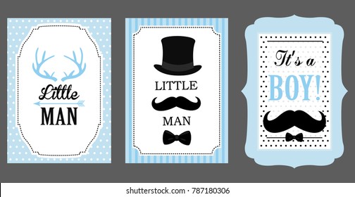 Little man birthday party. Baby shower party. Vector poster: bow tie, hat and mustache design elements. Black, blue, white - classic pattern. Set of boy's invitation (badge, sticker, frame) templates.