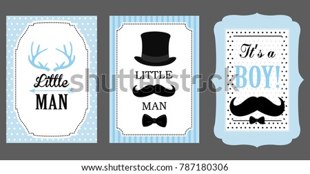 Little man birthday party. Baby shower party. Vector poster: bow tie, hat and mustache design elements. Black, blue, white - classic pattern. Set of boy's invitation (badge, sticker, frame) templates.