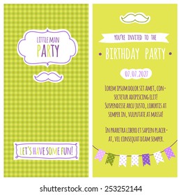 Little man birthday party invitation. Hand drawn frames, plaid background. Purple and green colors. Vector illustration.