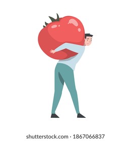 Little Man Carrying Huge Ripe Tomato on His Back Vector Illustration
