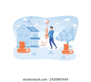 Little man connects a cable to a socket leading from the sun to a charging generator with solar panels on the roof of the house. flat vector modern illustration