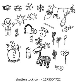 Little man cookie sketch snowman Christmas decorative simple objects isolated white background stylized stars hearts christmas deer snowflakes bells different pendants Santa claus head