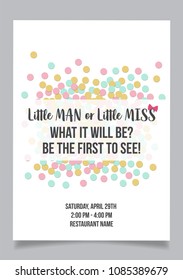 Little Man or Little Miss? Gender reveal party invitation card vector design