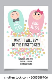 Little Man or Little Miss? Gender reveal party invitation card vector design