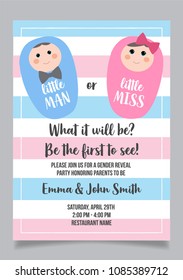 Little Man or Little Miss? Gender reveal party invitation card vector design