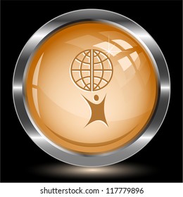 Little man with globe. Internet button. Vector illustration.