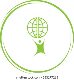 little man with globe. Internet button. Vector icon.