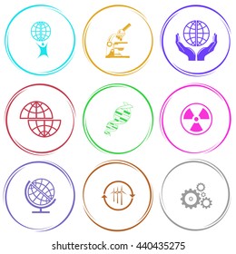 little man with globe, lab microscope, protection world, shift globe, dna, radiation symbol, wind turbine, gears. Science set. Internet button. Vector icons.