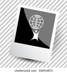 little man with globe. Photoframe. Vector icon.