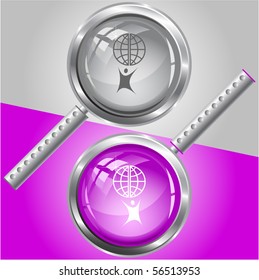 Little man with globe. Vector magnifying glass.