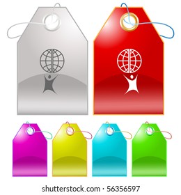 Little man with globe. Vector tags.