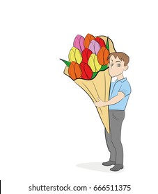 A little man holding a large bouquet of flowers. Hand drawn cartoon vector illustration for design and infographic.