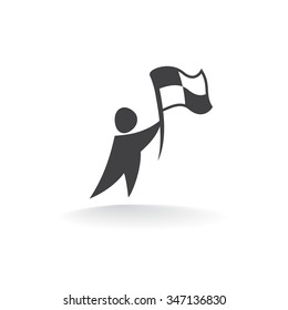 The little man holds a start flag. Vector icon.