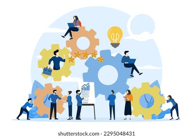 the little man launches the mechanism to achieve the idea, the light bulb shines, an idea appears, a symbol of creativity, thought, thought. flat vector illustration on white background.