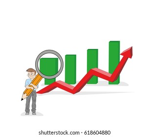 A little man with a magnifying glass increases the sales schedule. Business concept. vector illustration.