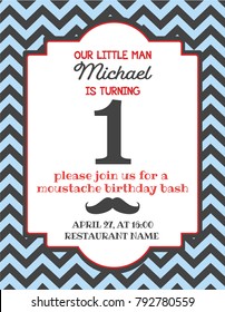 Little man one year birthday invitation card for moustache party.