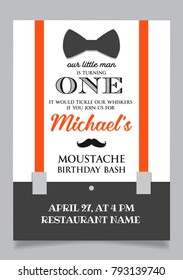 Little man one year birthday invitation card for moustache party.