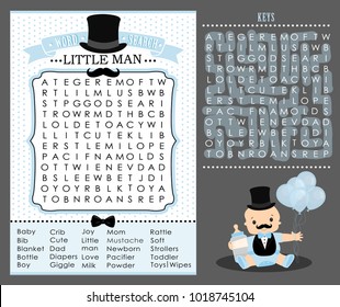 Little man party game (first birthday, baby shower) Word search puzzle. Cute blue and white vintage. Templates can used for invitation card, photo frame, decoration banner. Vector printable mustache.