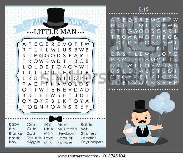 Little man party game (first birthday, baby\
shower) Word search puzzle. Cute blue and white vintage. Templates\
can used for invitation card, photo frame, decoration banner.\
Vector printable\
mustache.