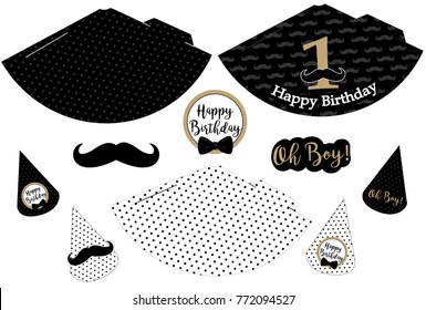 Little man printable hats. Black, white, golden mustache pattern. Print and cut. Vector cones template to head for a party (birthday, baby shower, it is a boy). Vintage modern style. First happy birth